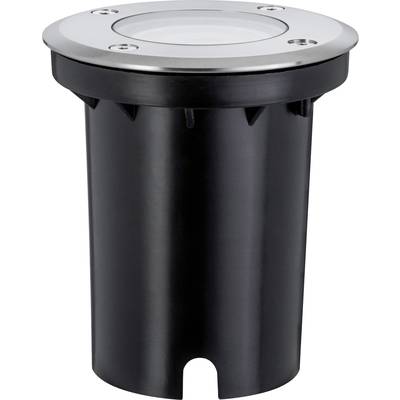 Eine runde Bodeneinbau-Leuchte mit schwarzem Gehäuse und silbernem Rand, geeignet zur Installation im Außenbereich.