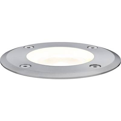 Runde, flache LED-Bodeneinbauleuchte in silberner Farbe, geeignet für Außenbeleuchtung, mit vier sichtbaren Schrauben.