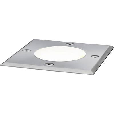 Quadratische LED-Bodenleuchte aus Edelstahl, flach und kantig, mit vier sichtbaren Schrauben an den Ecken, Licht strahlt nach oben.