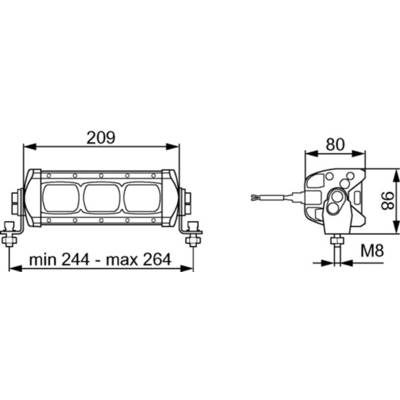 Technische Zeichnung einer Leuchte mit Maßen: Breite 209 mm, Tiefe 80 mm. Minimale Länge 244 mm, maximale Länge 264 mm, Höhe 86 mm. Schraubengröße M8.