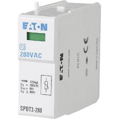 Elektrisches Bauteil von Eaton, Typ SPDT3-280. Spannung 280VAC, Stromstärke 125A. CE-Kennzeichnung sichtbar auf weißem Gehäuse.