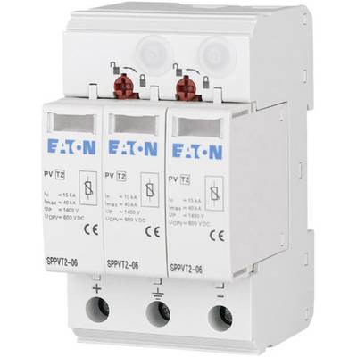 Drei weiße elektrische Sicherungen mit dem Logo 'Eaton' und technischen Spezifikationen. Sie sind in einer Reihe montiert.