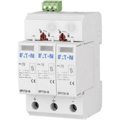 Dreiteiliges Schutzgerät, gekennzeichnet mit 'Eaton', für elektrische Anlagen zur Überspannungsableitung.