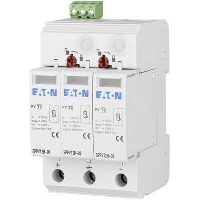 Ein dreipoliger Überspannungsschutz mit zwei grünen und zwei roten Anzeigen, Markenname 'Eaton', Modell 'SPPVT2H-06', geeignet für 600 V DC.