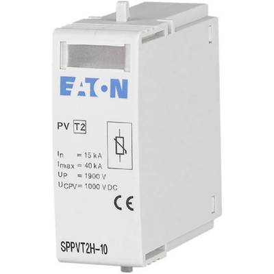Ein weißer Überspannungsschutzgerät von EATON für Photovoltaikanlagen mit Spezifikationen: 15 kA, 40 kA, 1900 V, 1000 V DC.