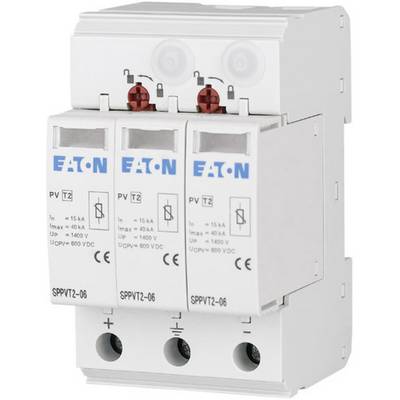 Dreifacher Ableiter von Eaton zur Sicherung von elektrischen Systemen, mit Beschriftungen für Kapazität und Performance-Spezifikationen.