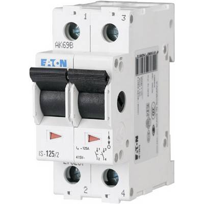Ein zweipoliger Sicherungsautomat von Eaton mit Kennzeichnungen für Stromstärken und Spannung, geeignet für Schutz elektrischer Anlagen.