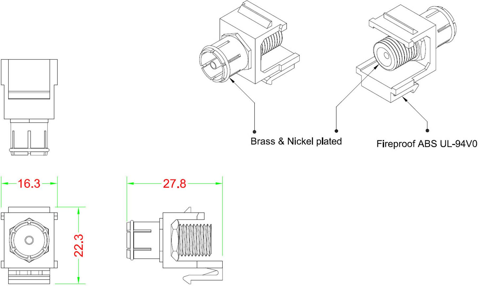 Zeichnung von zwei Steckverbindern. Der eine ist vernickelt, der andere aus feuerfestem ABS UL-94V0. Maße: 16,3 x 22,3 mm und 27,8 mm.