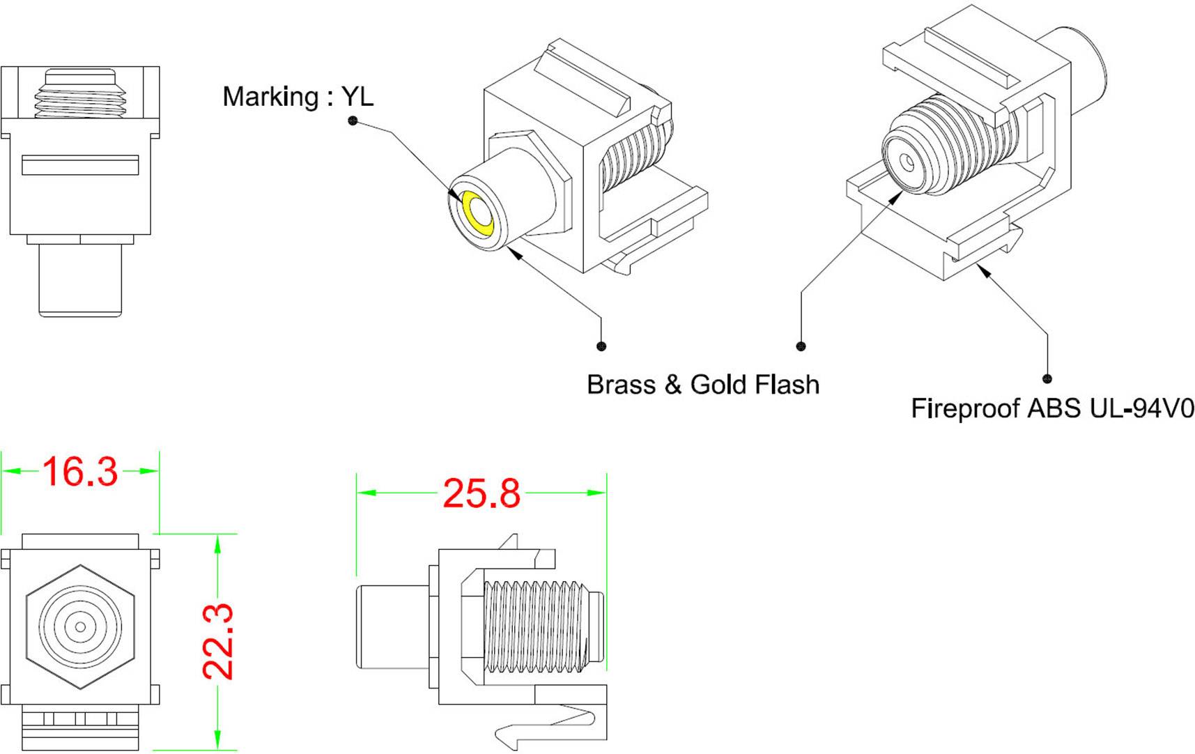 'Technische Zeichnung eines elektrischen Steckverbinders. Material: Messing & Goldflash, feuerfestes ABS UL-94V0. Maße: 22,3 x 16,3 x 25,8 mm.'