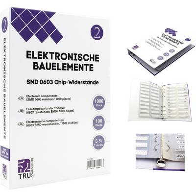 Weiße Schachtel mit der Aufschrift 'Elektronische Bauelemente SMD 0603 Chip-Widerstände'. Enthält Ordner mit 1000 Widerständen.