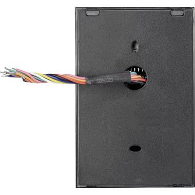 Ein schwarzes elektronisches Gerät mit freiliegenden bunten Kabeln, die aus einer Öffnung herausragen.