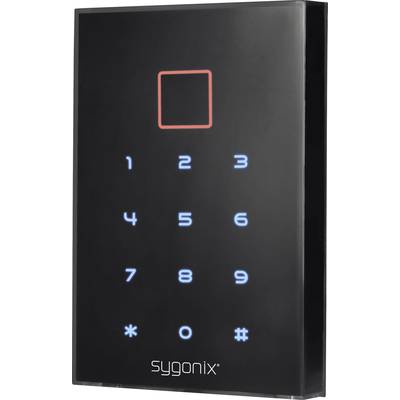 Schwarzes Zugangskontrollgerät mit leuchtendem quadratischen Sensor oben, darunter blaue Zifferntasten von 0-9 und Symboltasten.