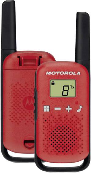 Zwei rote Walkie-Talkies von Motorola nebeneinander. Eines zeigt auf dem Display die Zahl '8Tx' an.