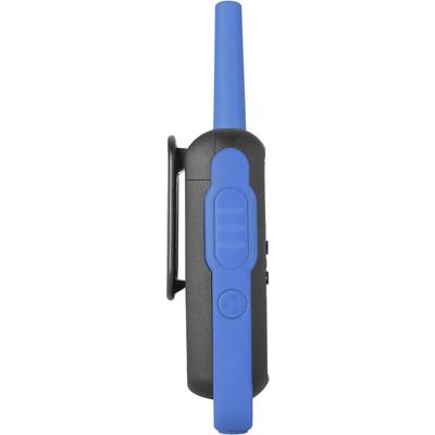 Walkie-Talkie in schwarz und blau von der Seite mit sichtbarer Antenne und seitlichen Bedientasten, zur Kommunikation gedacht.