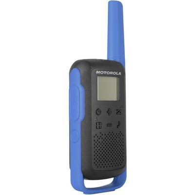 Ein schwarzes und blaues Motorola-Walkie-Talkie mit Display und Tasten zur Steuerung von Lautstärke und Kanälen.