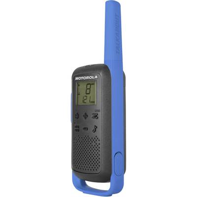 Ein blau-schwarzes tragbares Funkgerät von Motorola mit Display und blauem Gürtelclip, zeigt Kanal 8 und den Batteriestand an.