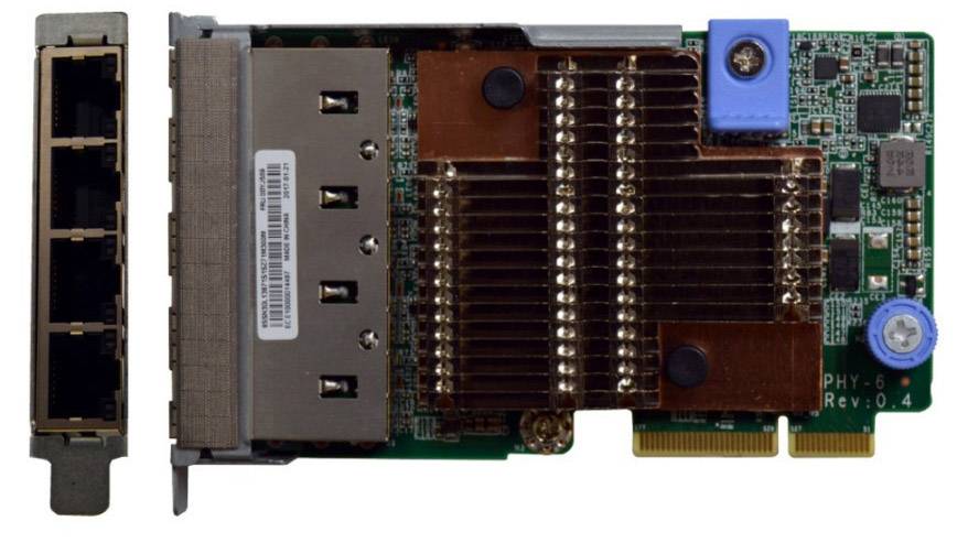 Computer-Netzwerkkarte mit mehreren Anschlussports, Kühlrippen zur Temperaturregulierung und elektronischen Komponenten auf der Platine.