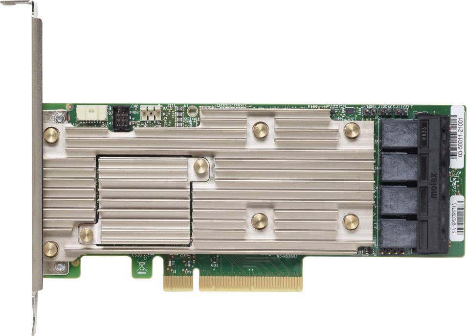 Eine Computer-PCIe-Erweiterungskarte mit Metallkühlkörper und mehreren Anschlussports rechts. Dient zur Erweiterung von Hardwarefunktionen.