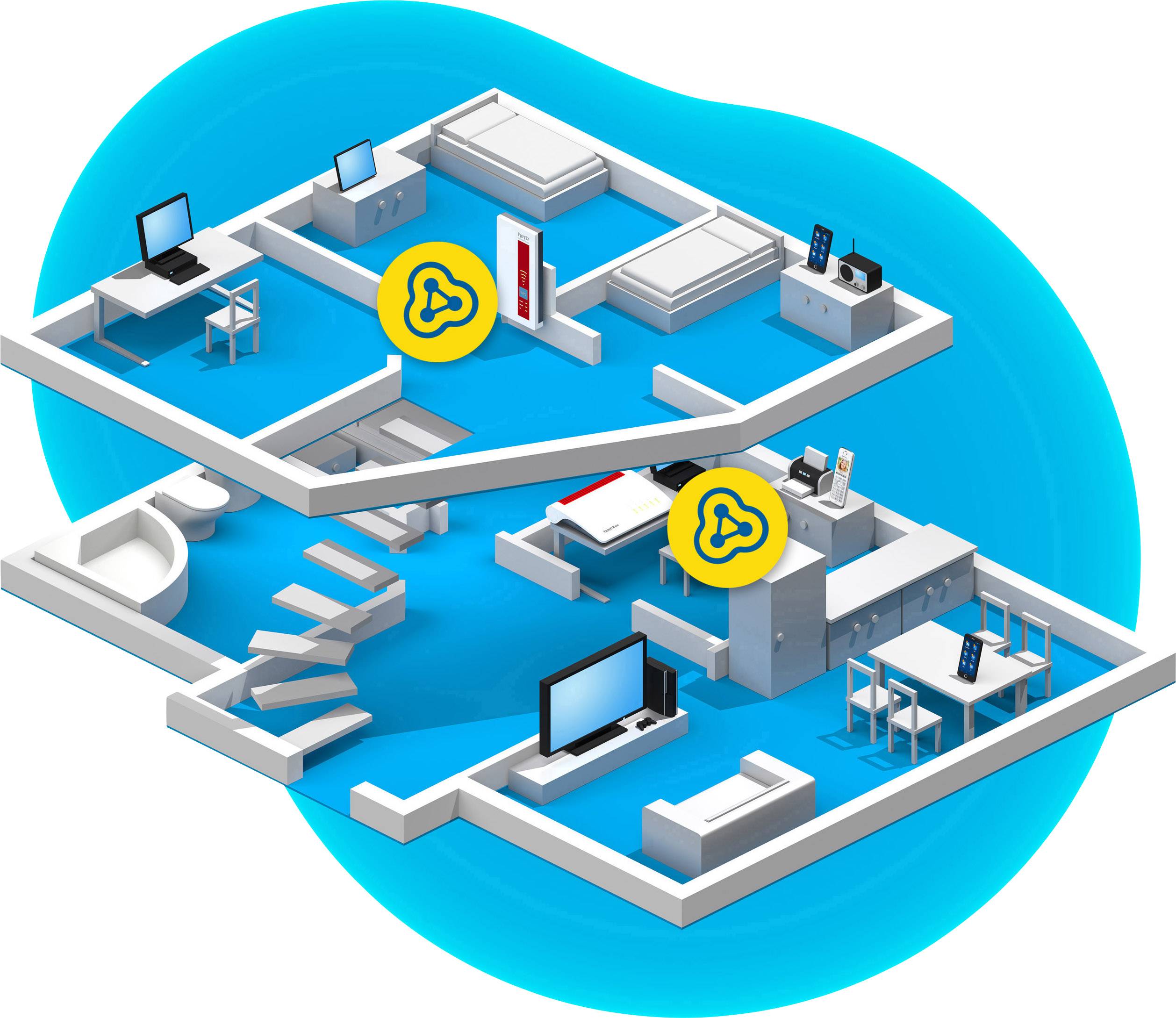 Zweistöckiger Grundriss eines Hauses mit Möbeln. Hervorgehobene Symbole zeigen vernetzte Geräte in verschiedenen Räumen.