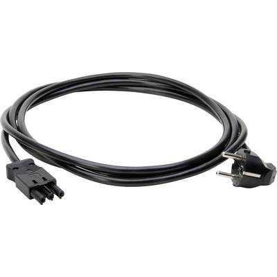 Schwarzes Netzkabel mit einem dreipoligen Stecker auf der einen Seite und einem zweipoligen EU-Stecker auf der anderen Seite, aufgerollt.