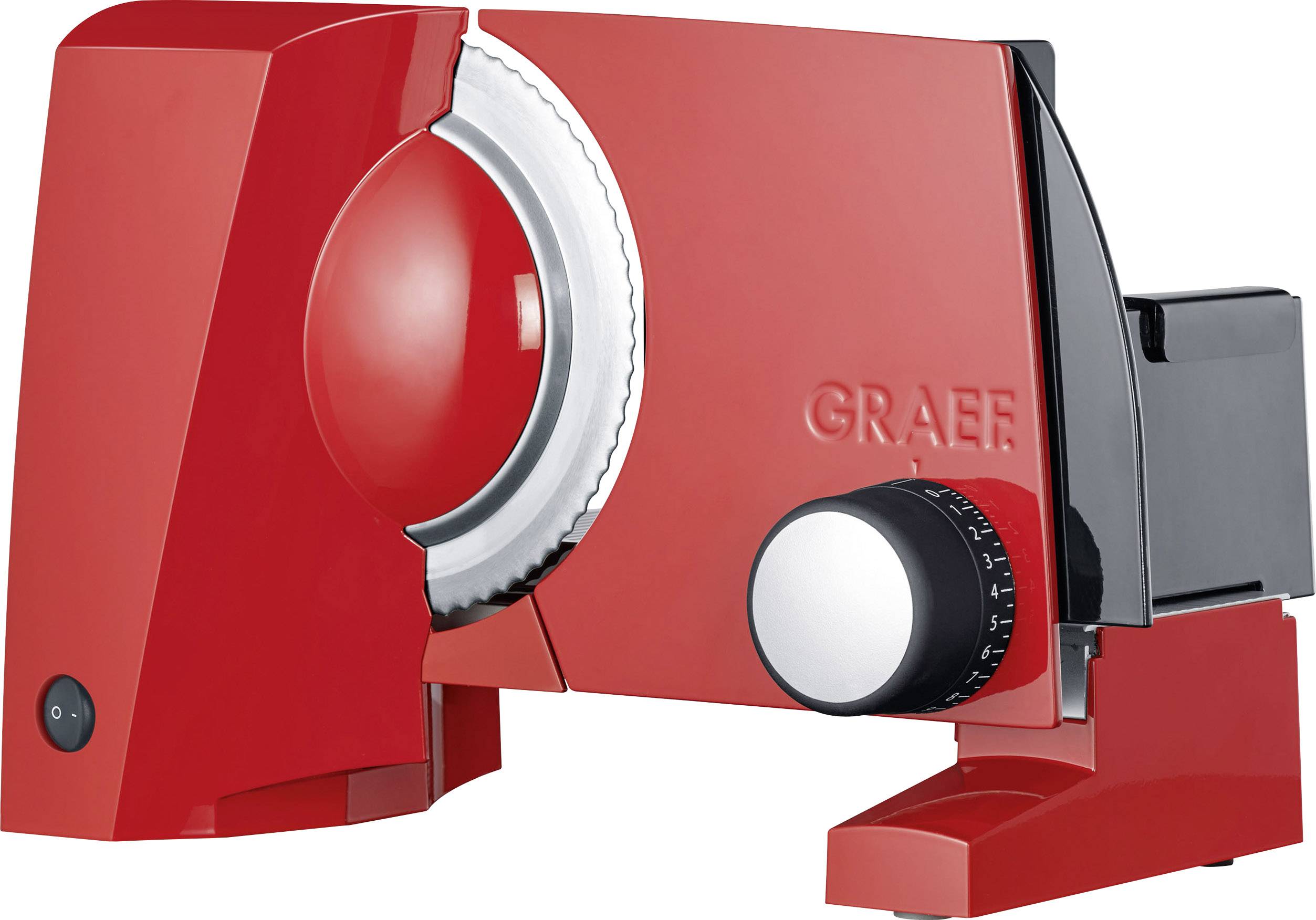 Rote Allesschneider-Maschine mit silbernem Schneidmesser und Drehknopf. Markentext 'GRAEF' auf der Seite.