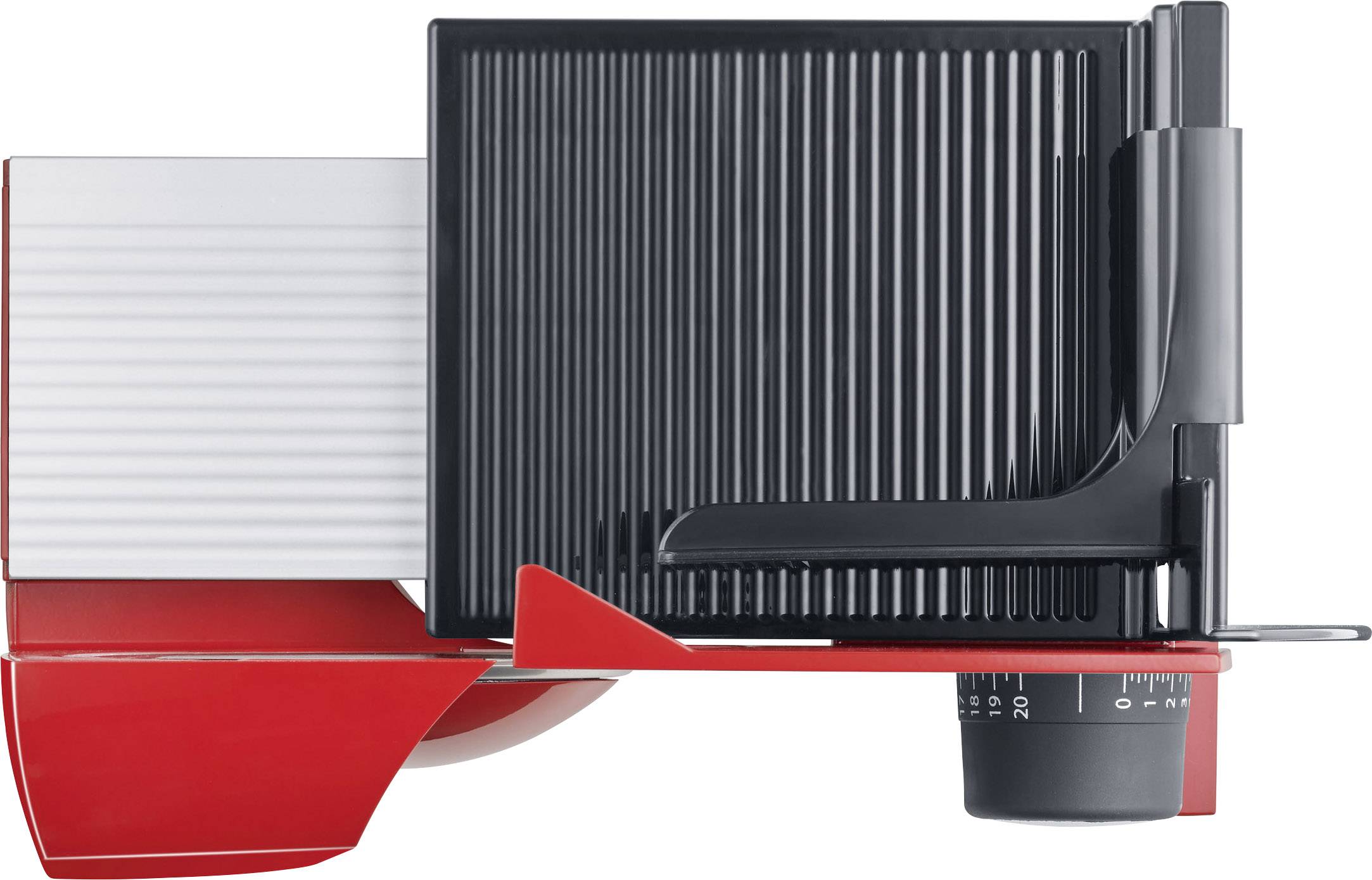 Ein elektrischer Allesschneider mit rotem Sockel und schwarzer Klinge, seitlich abgebildet, zum präzisen Schneiden von Lebensmitteln.