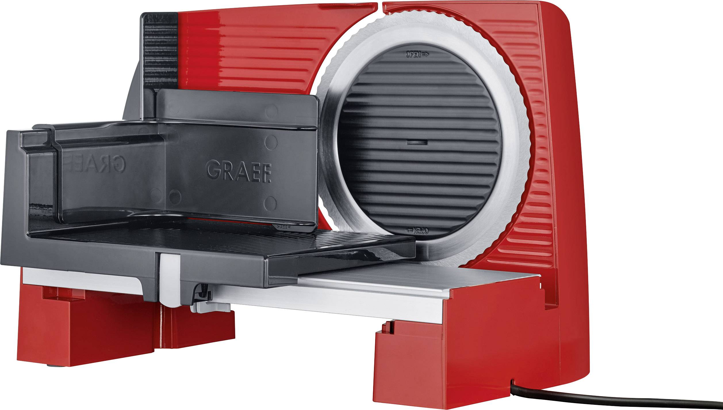 Eine rote Aufschnittmaschine mit silberner Klinge und schwarzem Schneidetisch, geeignet zum Schneiden von Brot oder Wurst.