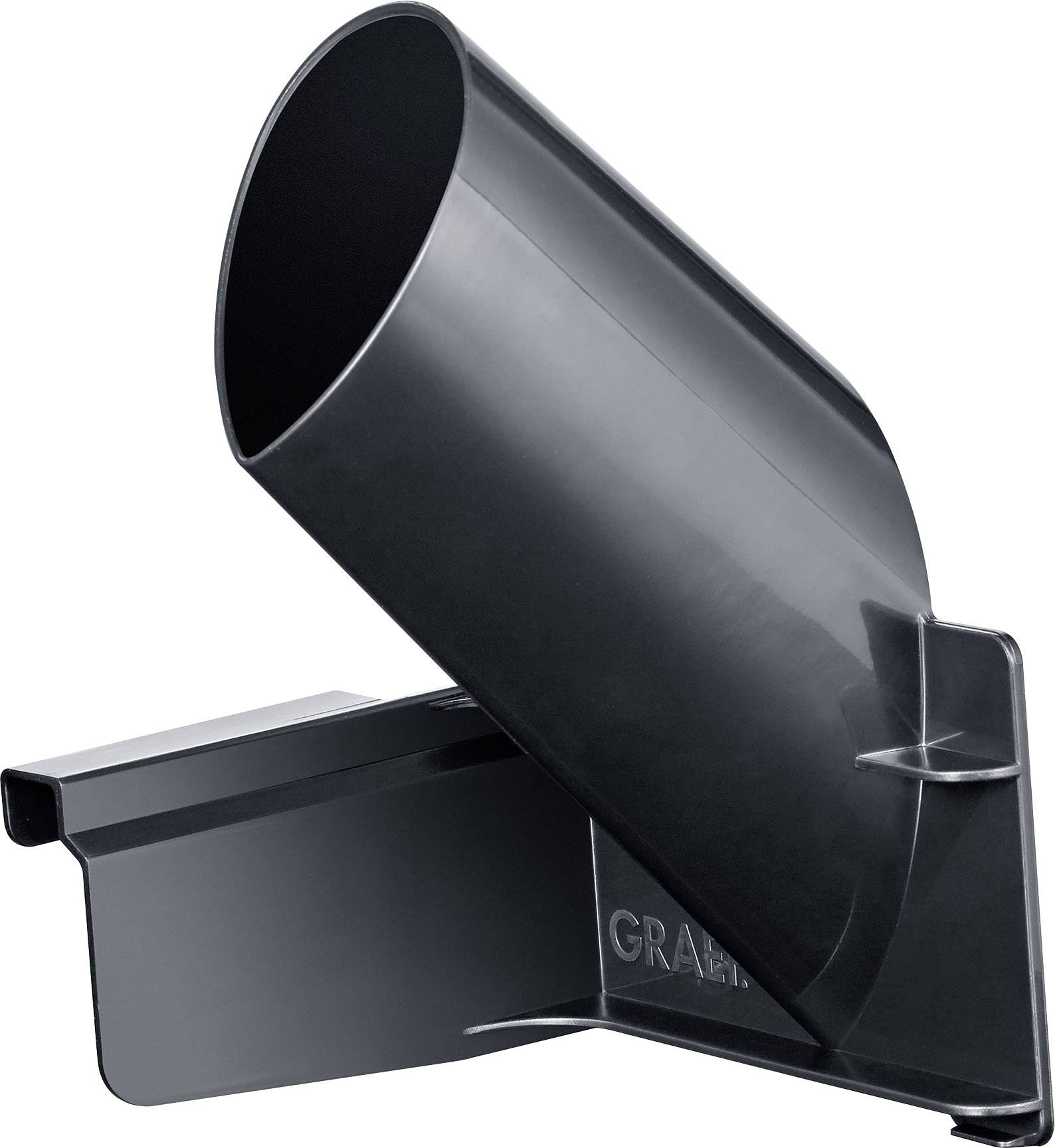 Ein schwarzes Zubehörelement mit einem gebogenen Rohr und einer rechteckigen Basis. Es scheint für den Einsatz in einem Gerät gedacht zu sein.