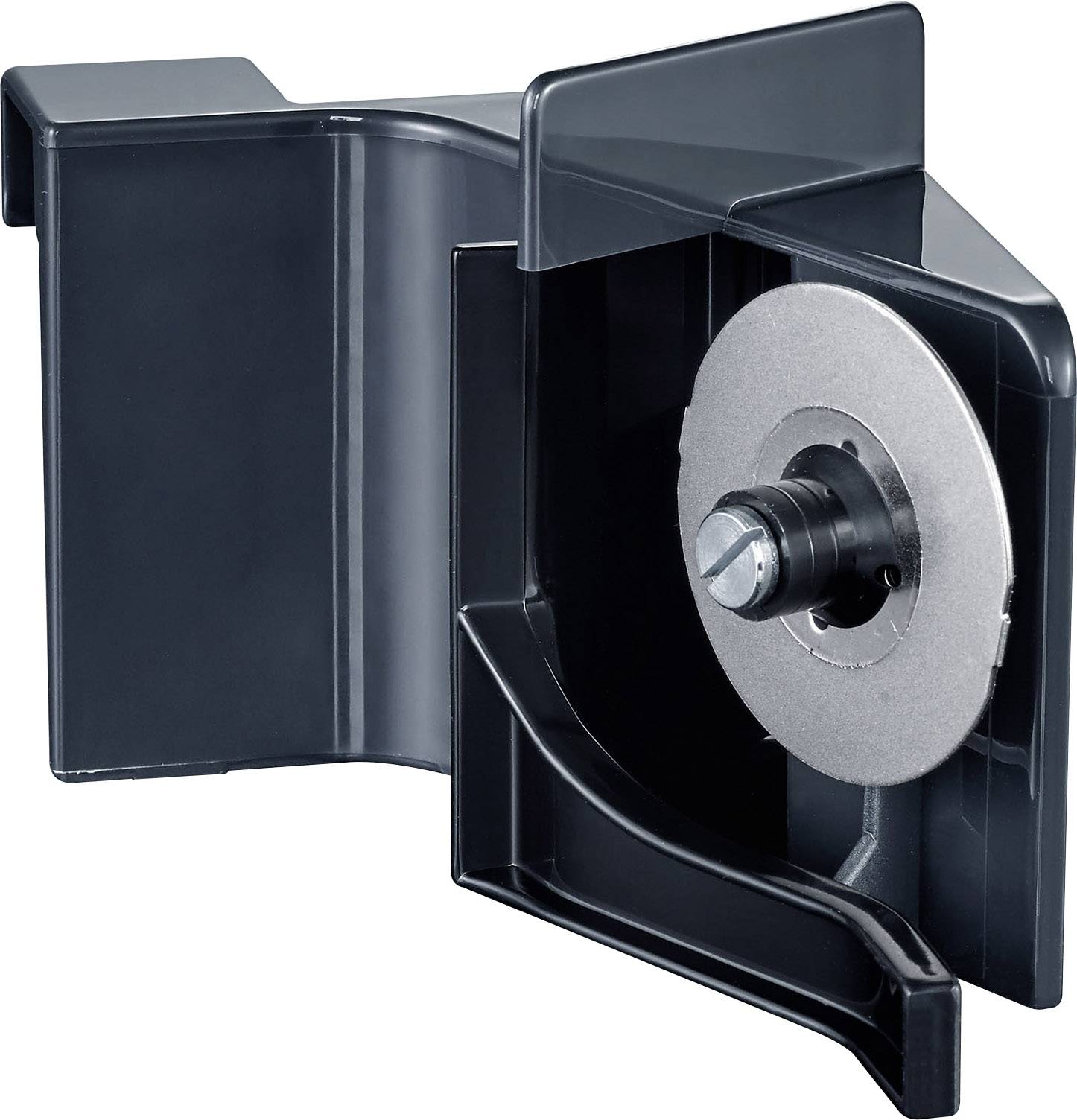 Schwarzes, rechteckiges Wandhalterungssystem mit integrierter Vorrichtung zur Spulenaufnahme, möglicherweise für Elektrokabel.