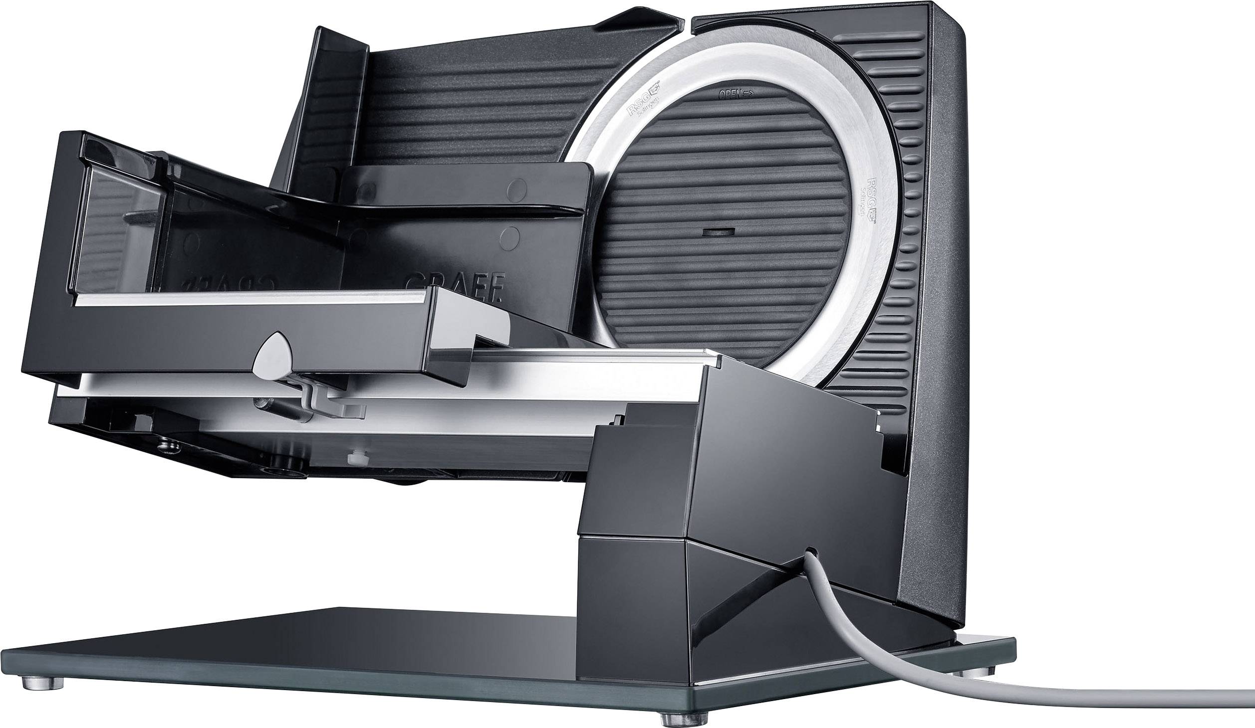 Elektrische Allesschneider-Maschine mit aufgerichtetem Klingenschutz und Kabel.