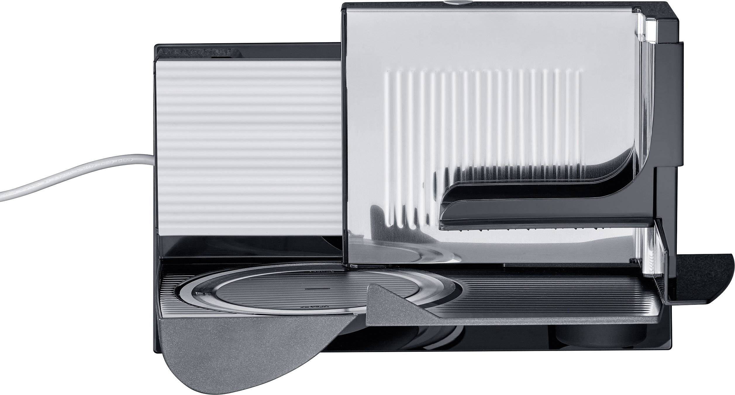 Elektrischer Allesschneider in Schwarz-Silber, kompakt und klappbar. Gerät zum präzisen Schneiden von Brot, Wurst und Käse.