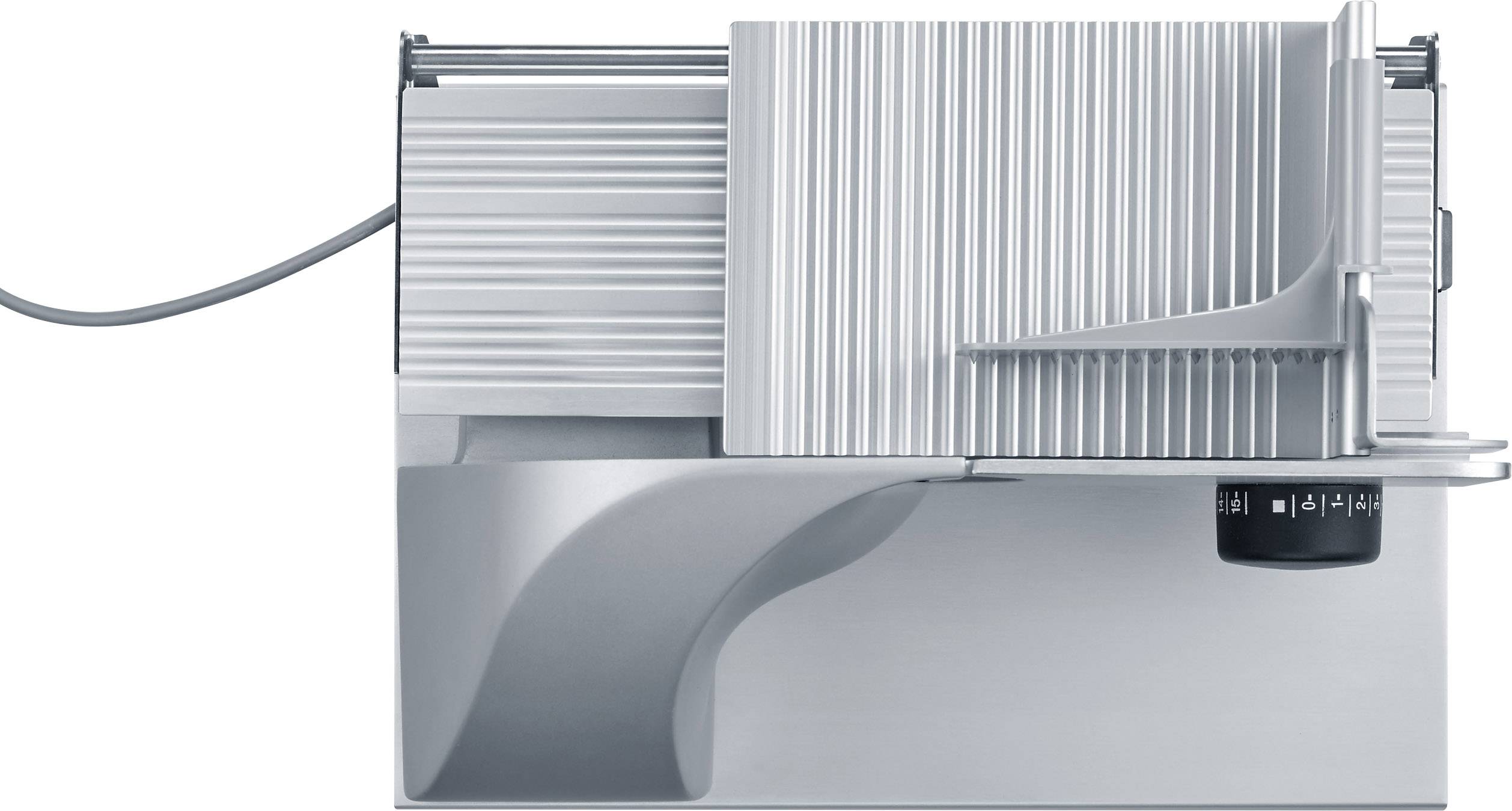 Elektrische Aufschnittmaschine in Silber mit Wellenschliffmesser, geeignet zum Schneiden von Brot, Käse oder Wurstwaren.