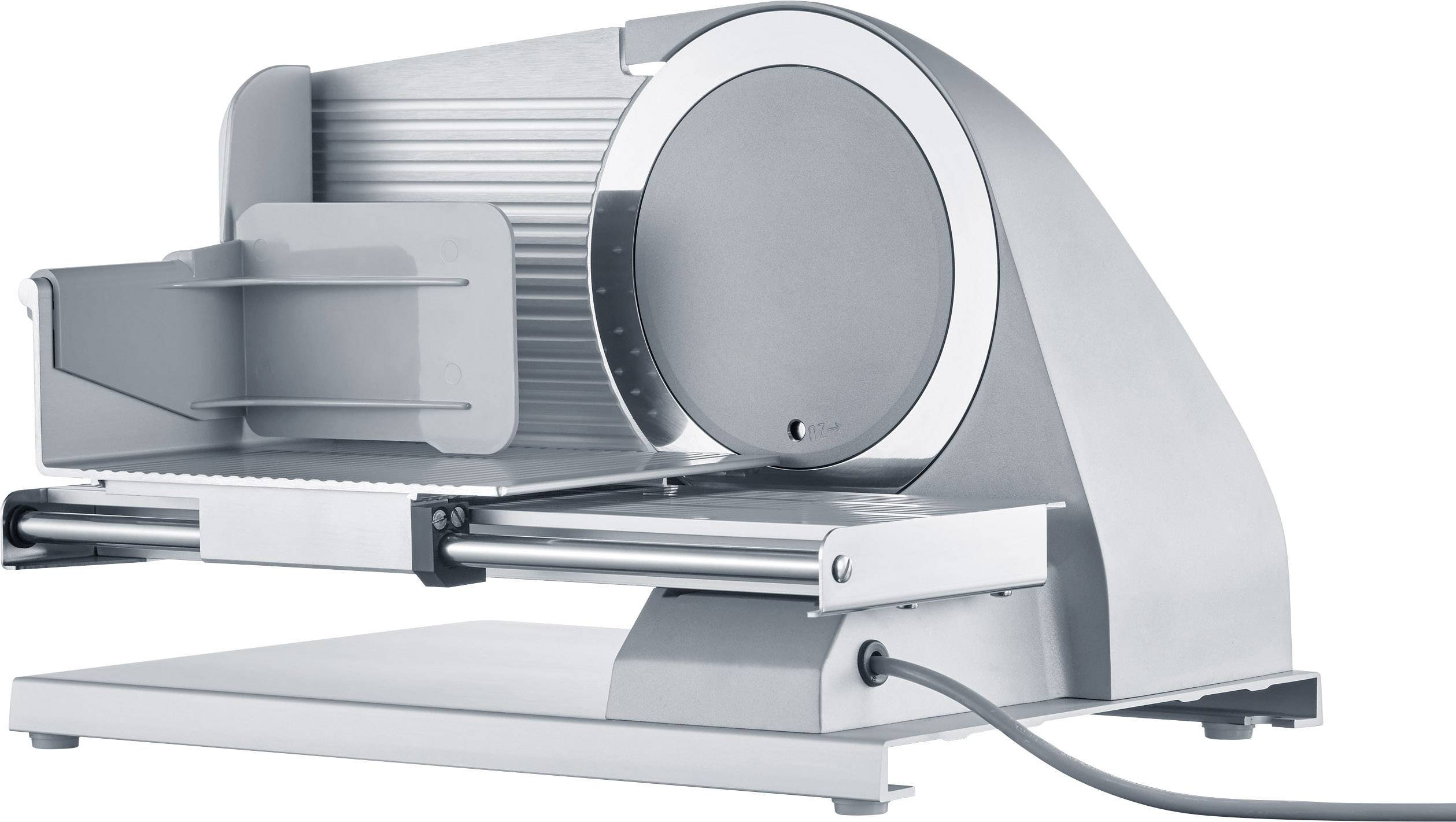 Fleischschneidemaschine aus Metall mit rundem Schneidmesser und Sicherheitsabdeckung, geeignet zum Schneiden von Wurst und Käse.