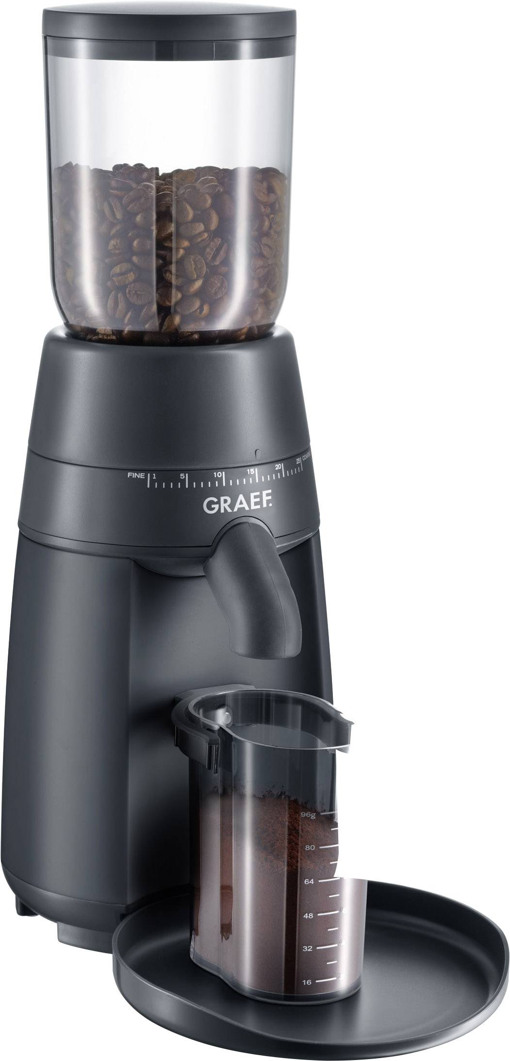 Kaffeemühle der Marke Graef mit Bohnenbehälter oben, Skala zur Einstellung der Mahlstärke und herausnehmbarem Behälter für gemahlenen Kaffee.