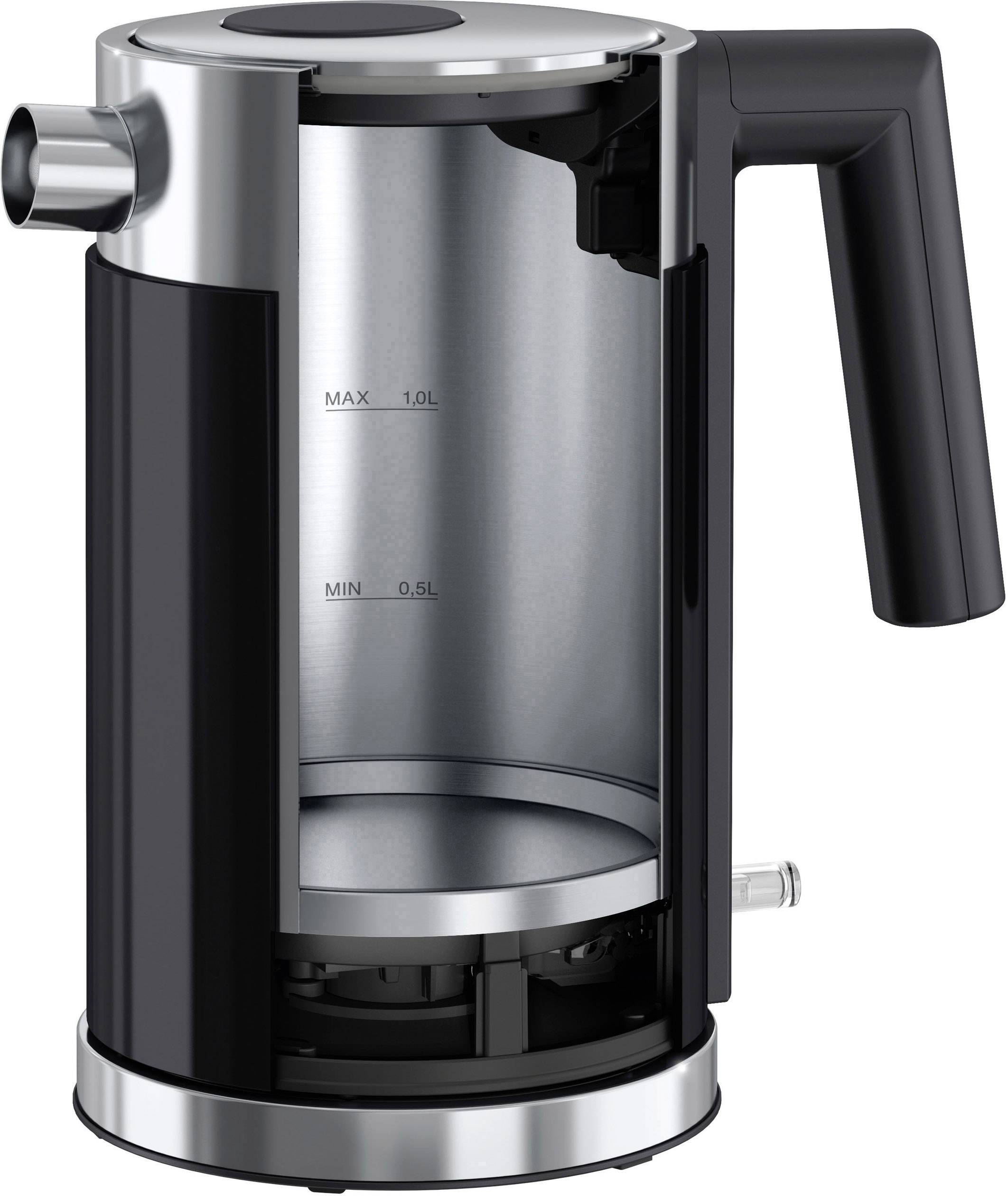 'Elektrischer Wasserkocher ohne Deckel mit Skala für Mindest- und Höchstfüllmenge.'