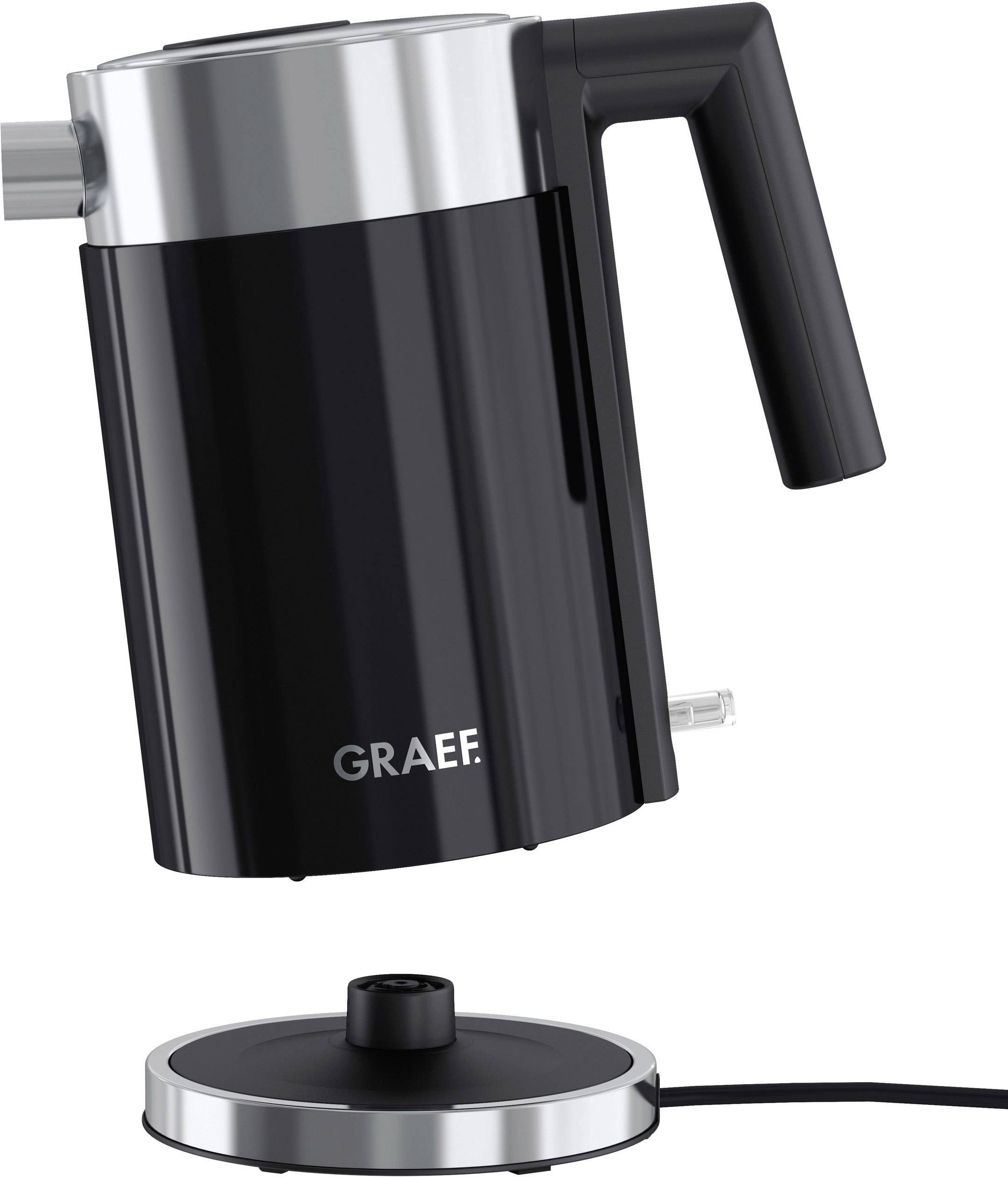 'Schwarzer Wasserkocher der Marke Graef, schwebend über einer silber-schwarzen Basis. Modernes Design mit ergonomischem Griff.'