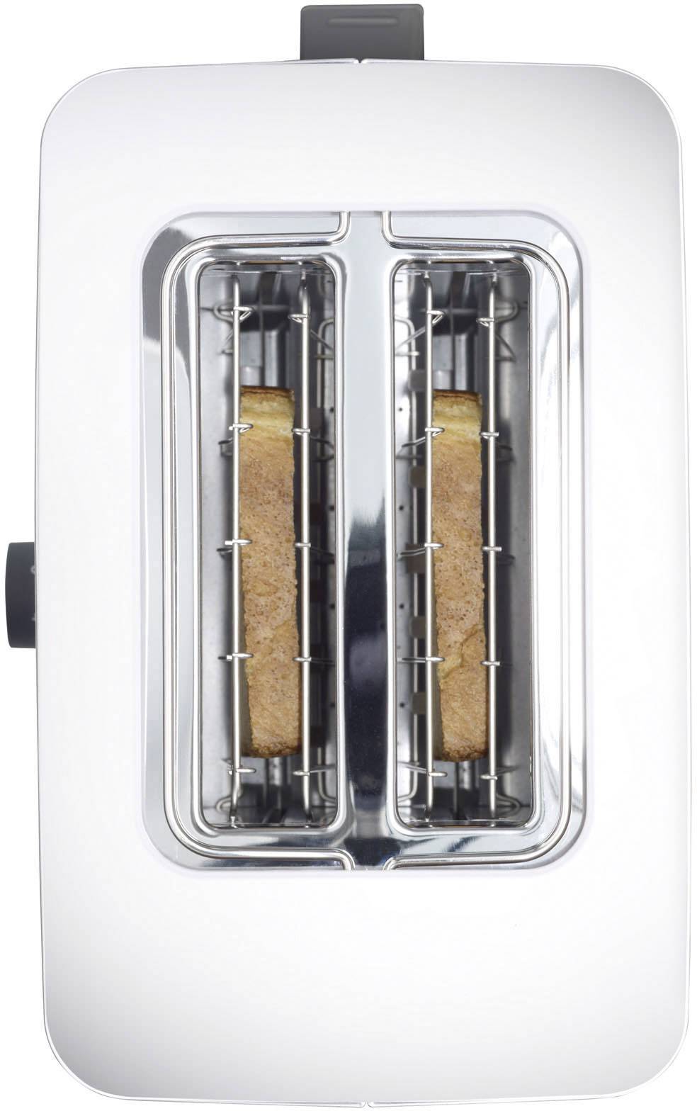 Zwei Toastscheiben werden von oben in einem glänzenden, silbernen Toaster getoastet.