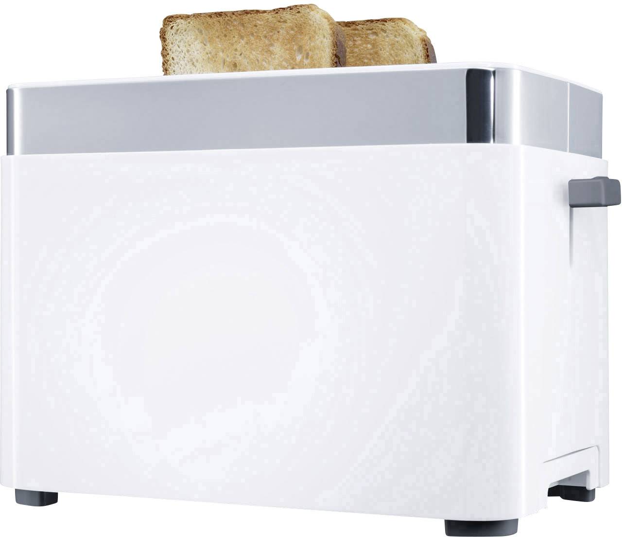 Ein weißer Toaster mit zwei goldbraun gerösteten Brotscheiben oben.