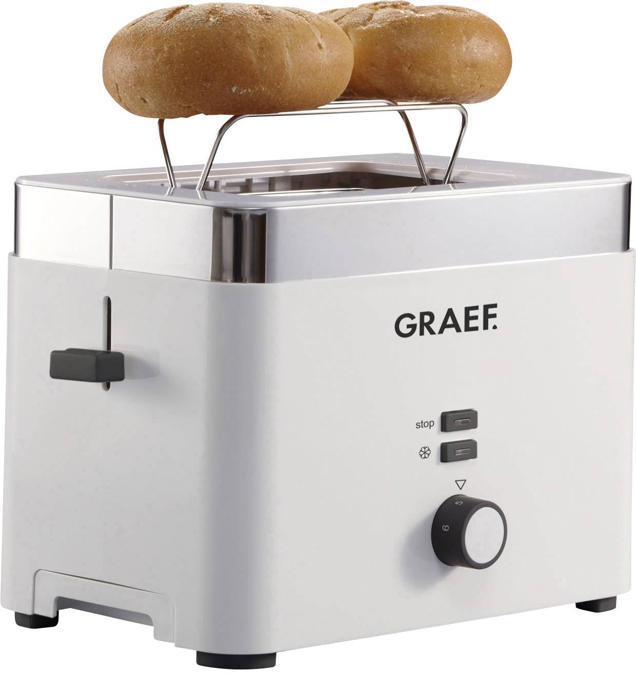 Weißer Toaster der Marke Graef mit Brötchenaufsatz, auf dem zwei Brötchen erhitzt werden. Frontseite mit Bedienelementen sichtbar.