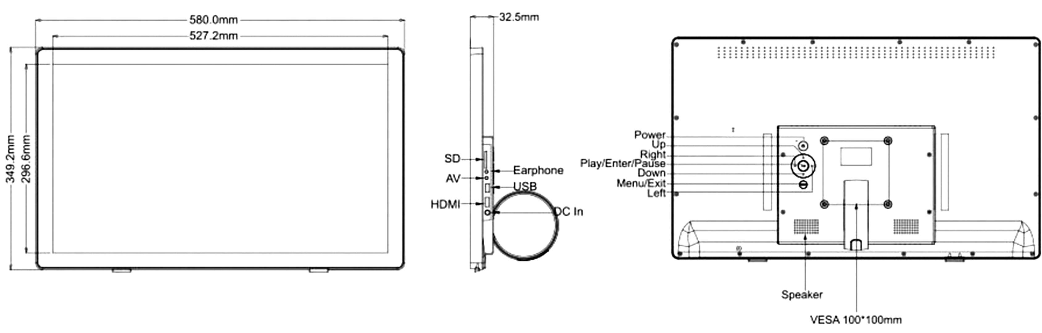 Technische Zeichnung eines Monitors mit Abmessungen: 540 mm Breite, 350 mm Höhe. Zeigt die Ansichten von vorne, der Seite und hinten.