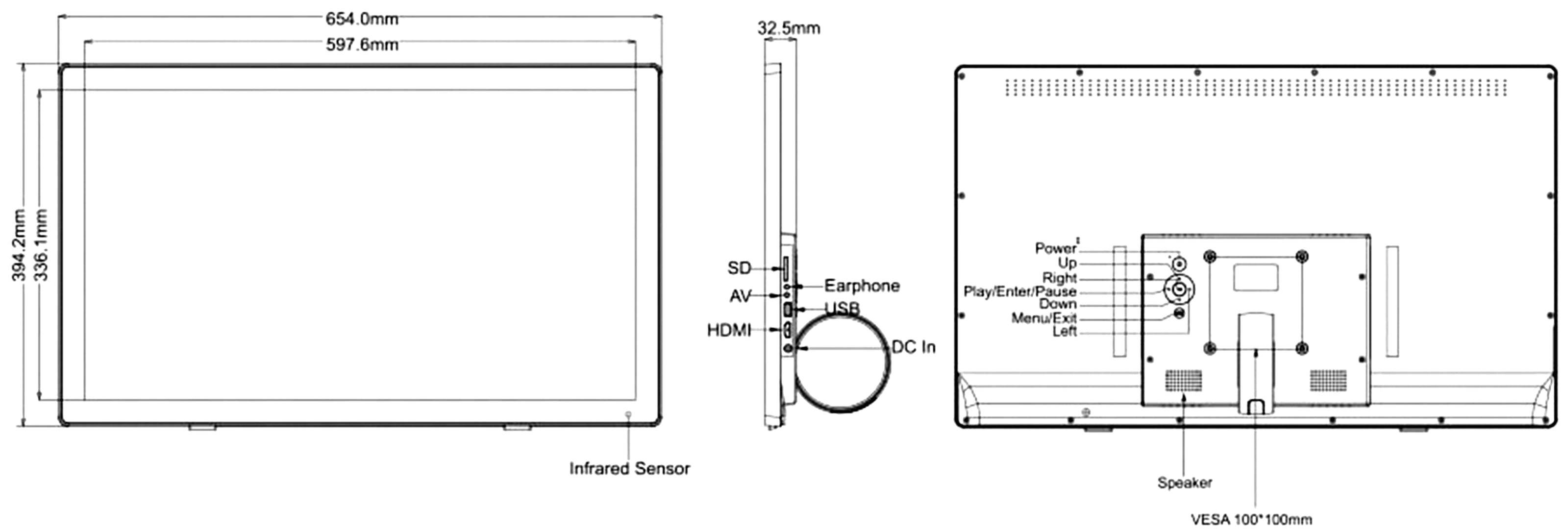 Diagramm eines Monitors mit Vorder- und Rückansicht. Zeigt Maße, Anschlussmöglichkeiten (HDMI, AV, USB), und Infrarotsensor.