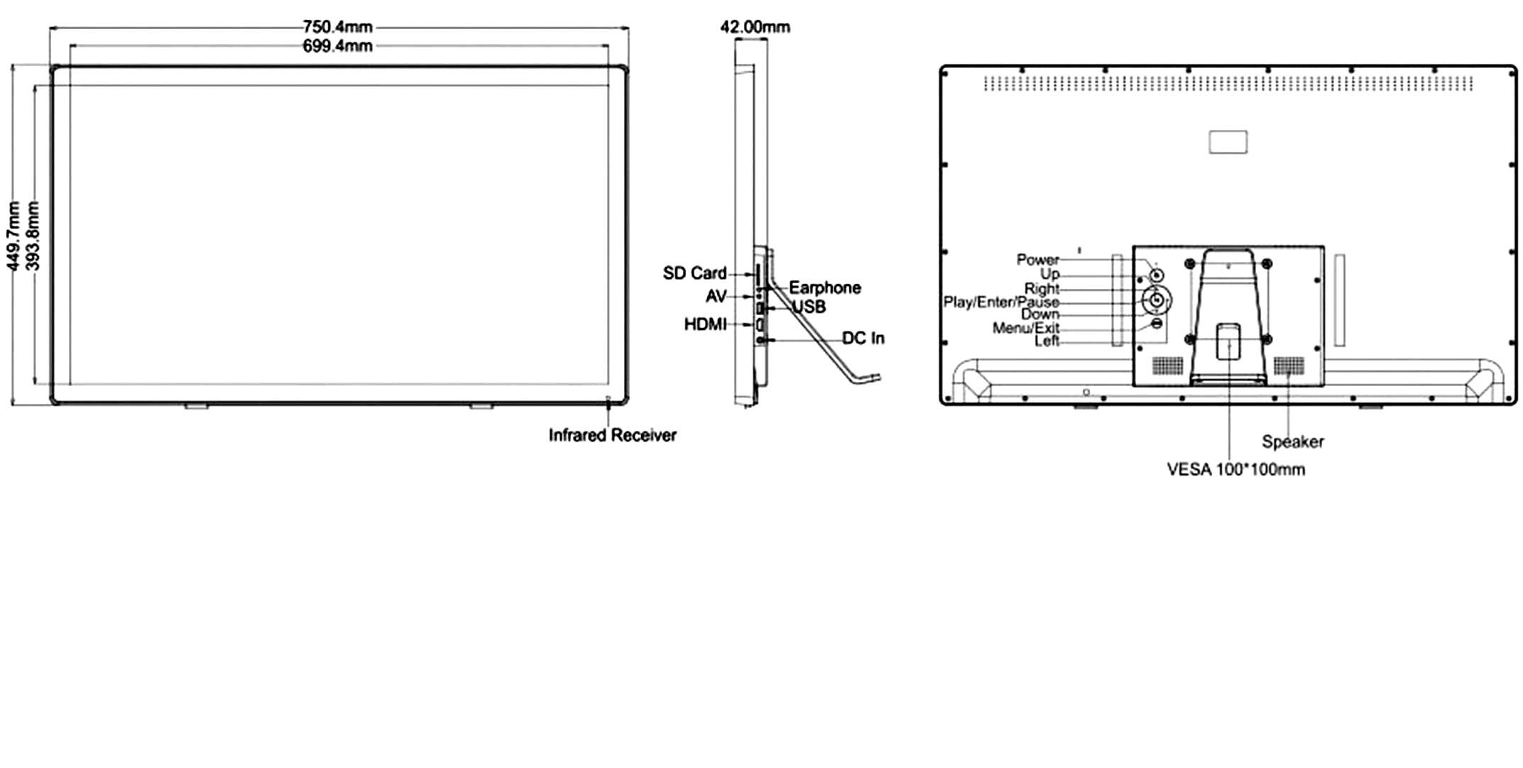 Technische Zeichnung eines Monitors mit Maßen, Seitenansicht zeigt Anschlüsse: SD-Karte, AV, HDMI, Audio, USB, DC-In. Rückseite zeigt Lautsprecher und VESA-Halterung.