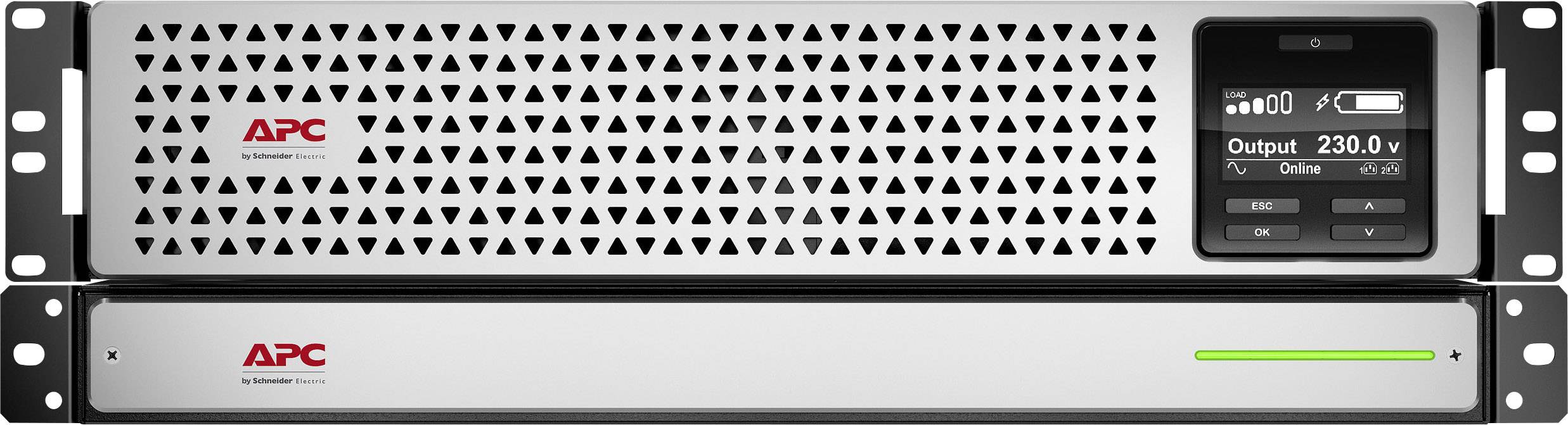 Ein silberner APC USV-Rack mit digitalem Display zeigt 'Output 230.0V'. Die Einheit besitzt Lüftungsgitter und ist einsatzbereit.