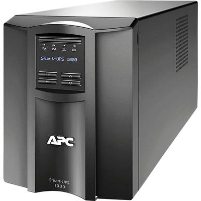 Eine APC Smart-UPS 1000, ein unterbrechungsfreies Stromversorgungssystem, zeigt auf dem Display Betriebsinformationen und Steuerungstasten.
