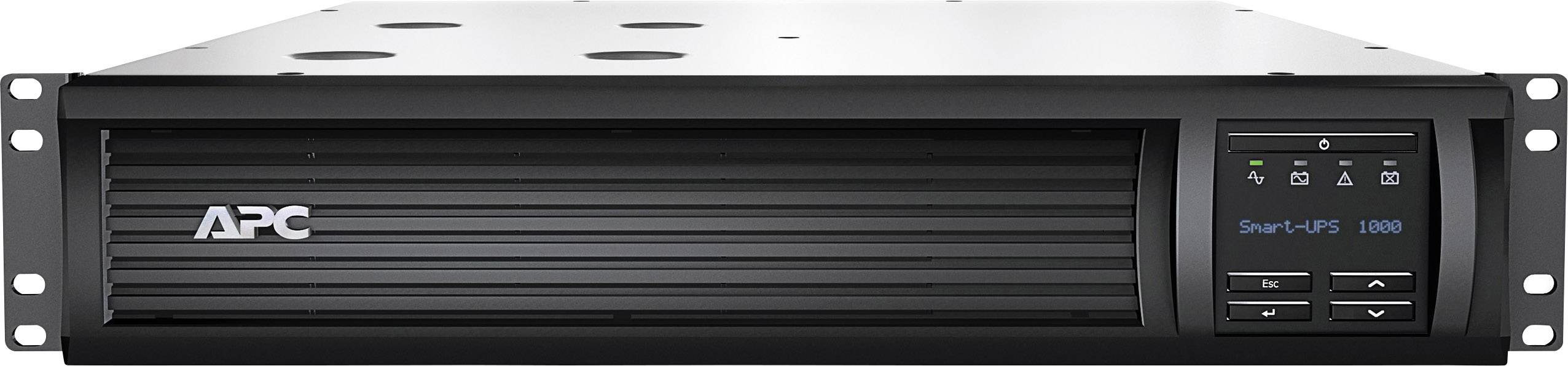 Schwarzes APC Smart-UPS 1000 USV-Gerät in einem Rack, Vorderansicht, mit Tasten und Display rechts. Stromversorgungs- und Schutzsystem.