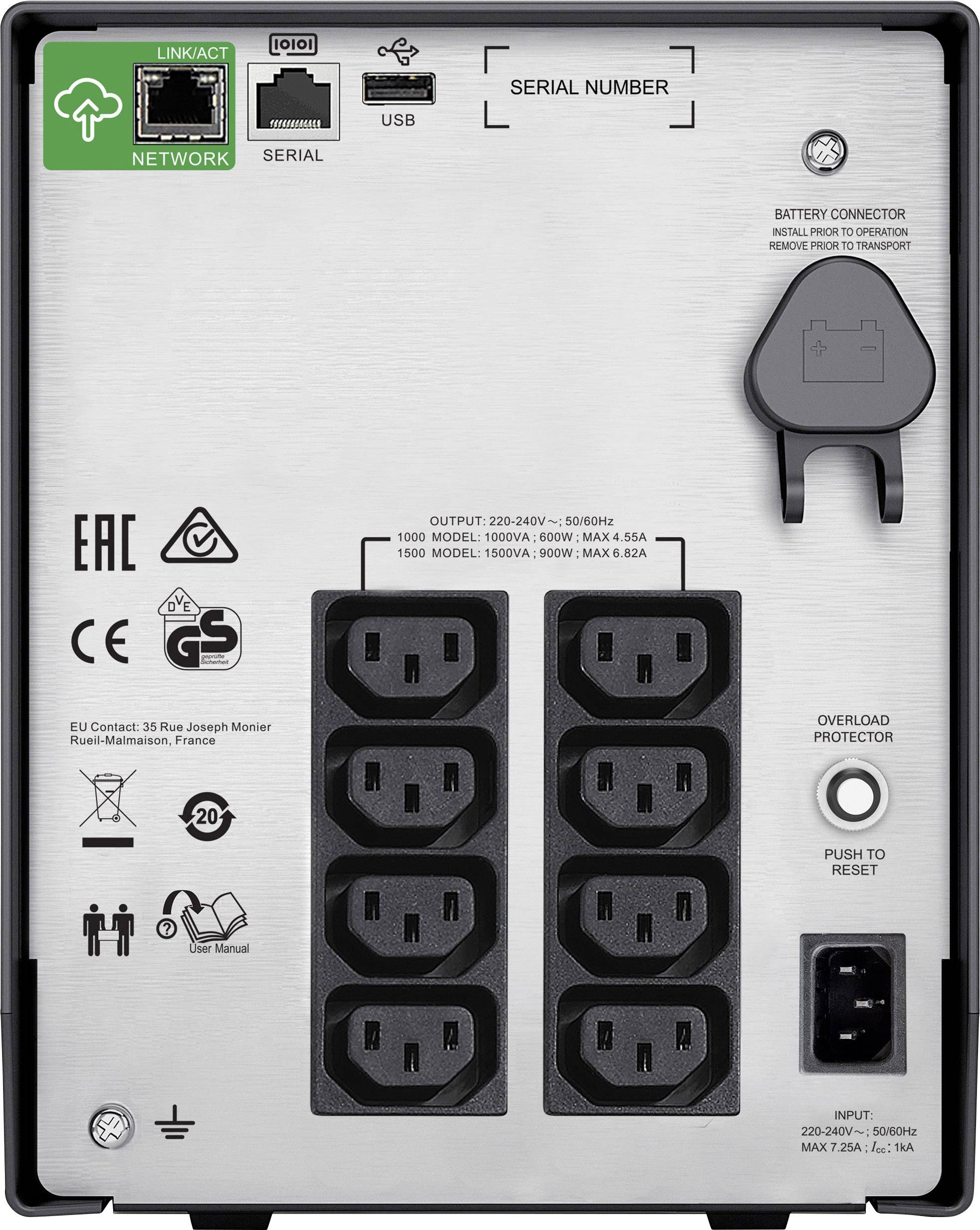 'Rückansicht eines USV-Geräts mit mehreren Steckdosen, Netzwerkanschluss, USB-Anschluss und Batterieanschluss. Seriennummer oben.'