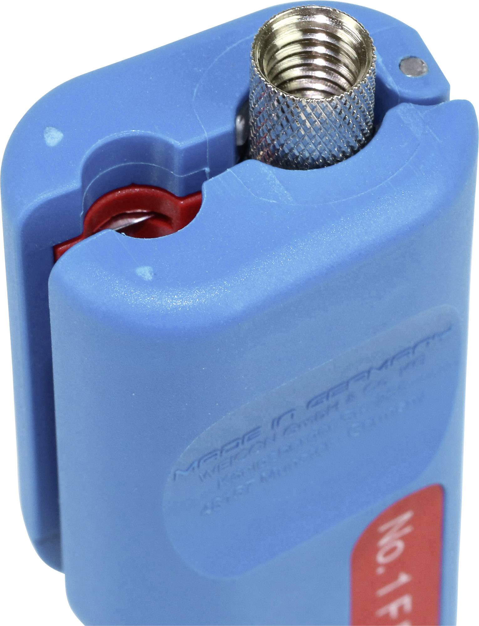 Blauer Koaxialkabel-Abisolierer. Eignet sich zum Abmanteln von Kabelleitungen. Enthält Slogan 'Made in Germany'.