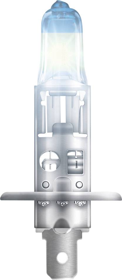 'Halogen-Lampe in vertikaler Ausrichtung, silberne Fassung mit blauem Glas. Glühfaden sichtbar, geeignet für Kraftfahrzeuge.'