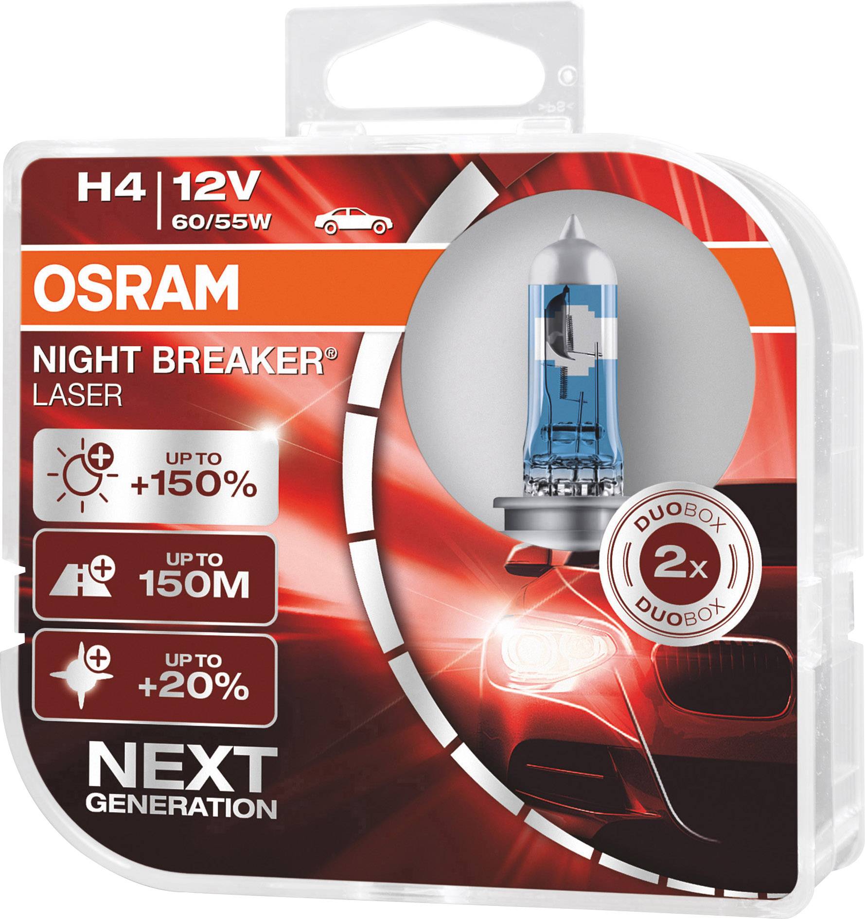 Osram Halogenlampe H4 12V im Duobox mit 150% mehr Helligkeit, bis zu 150m Reichweite. Verpackung zeigt Autolicht und Technologien.