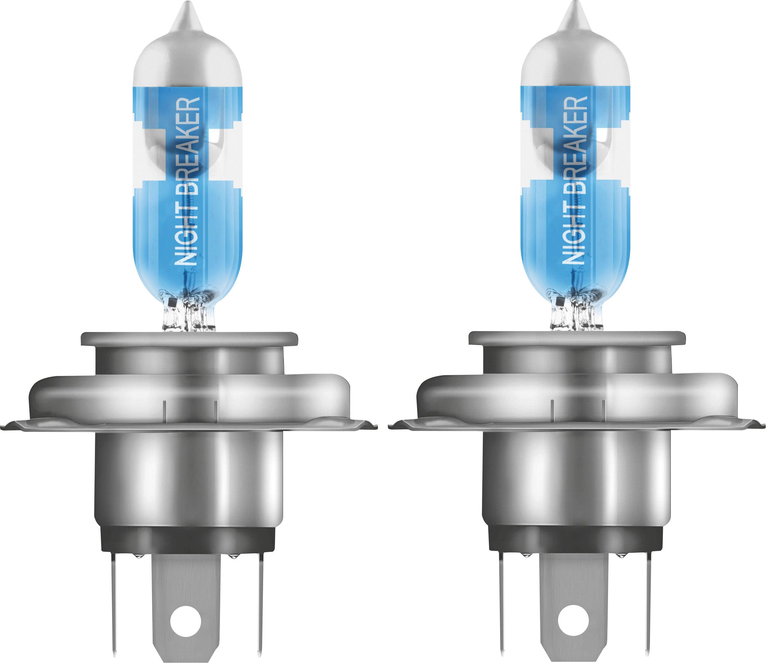 Zwei Auto-Halogenlampen mit blau getöntem Glas, beschriftet mit 'NIGHTBREAKER', zeigen modernes Lichtdesign.